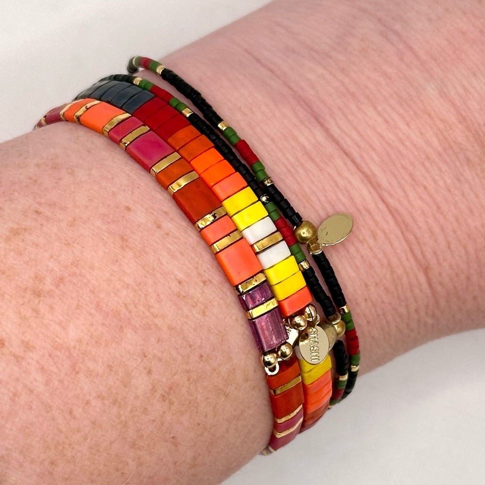 Lot of 4 Shashi Bracelets - Colorful Flat Beads Stretch Gold Tone Warm Colors